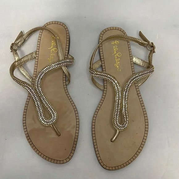 LILLY PULITZER | Delray Gold Sandal with Ankle Strap Flats size 6.5 NWOT - Picture 3 of 8